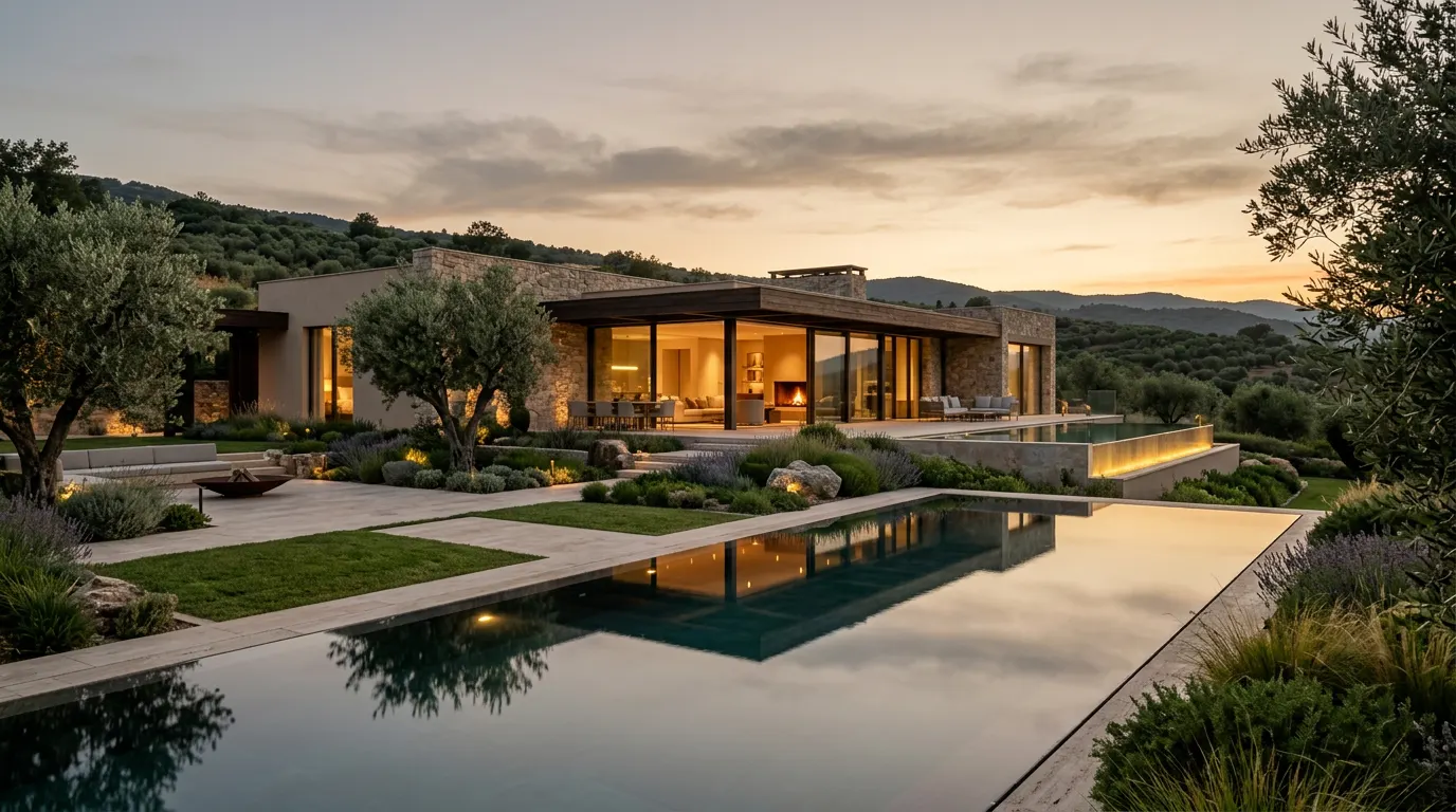 Modern luxury villa at dusk with a reflecting pool and olive trees